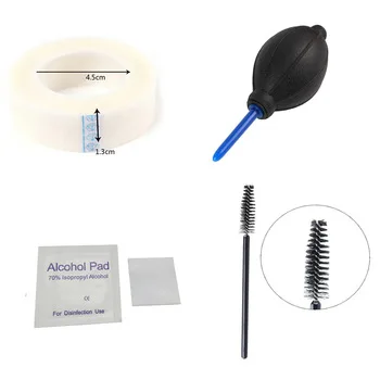 4 Item Professional Eyelash Extension Tool Kit With Non-woven Isolated Wrap Tape Rubber Air Blower Alcohol Swab Pads Mini Brush