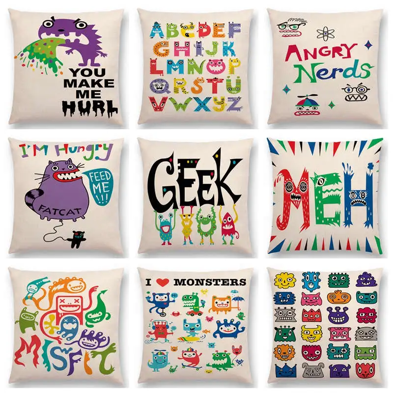 

Colorful Decorative Letters Rainbow Cute Little Monsters Funny Rascal Energetic Life Beautiful Cushion Cover Sofa Pillow Case