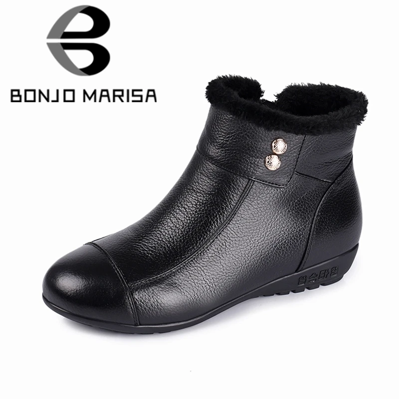 

BONJOMARISA 2019 Winter Big Size 33-43 Genuine Leather Ankle Boots Women Casual Maturel Flat Boots Warm Fur Mom Shoes Woman
