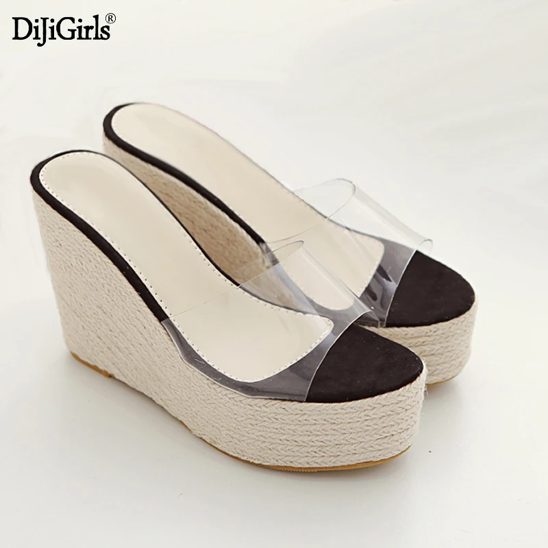 

summer clear flip flops fashion Linen weaving wedges women sandals heels Transparent platform slippers hot bohemian women sandal