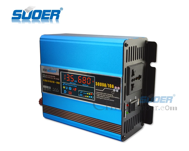 Suoer【Hybrid Inverter】 12 В 220 В Инвертор 500 Вт постоянного тока в переменный солнечный инвертор с встроенным 10А солнечным контроллером заряда(SUS-500A