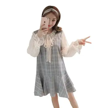 

2019 Spring Autumn Maternity Lace Flare Sleeve Nursing Dress Pregnant Woman Patchwork Plaid Ruffles Dress Pregnancy Clothes Q560