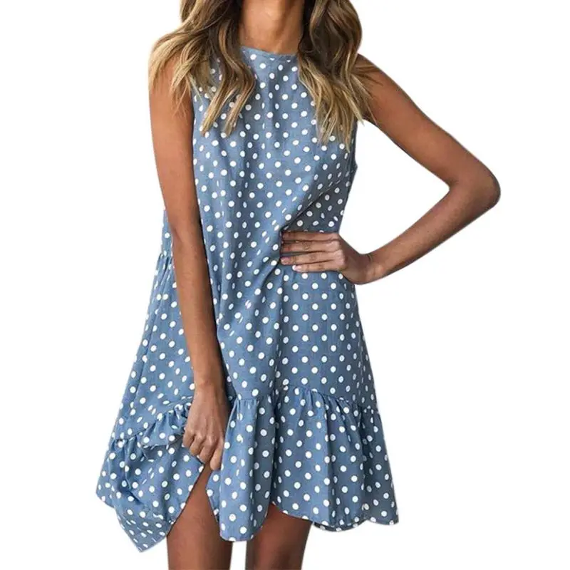 

Elegant polka dot dress of women O neck sleeveless flounce dresses Boho beach summer female vestidos ladies dress 2019