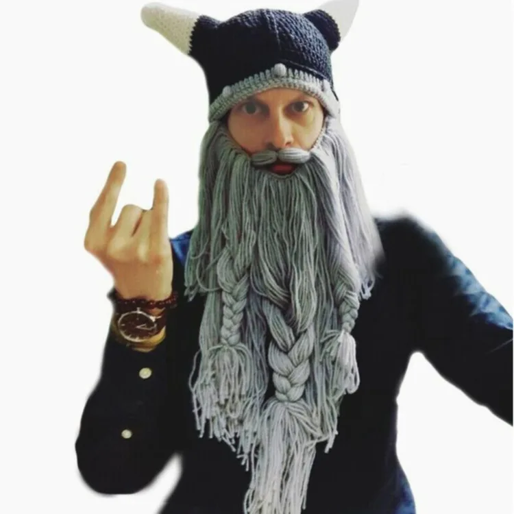 

Funny Handmade Hat Long Beard Viking Hat Woolen Mustache Horn Cap Halloween Christmas hat