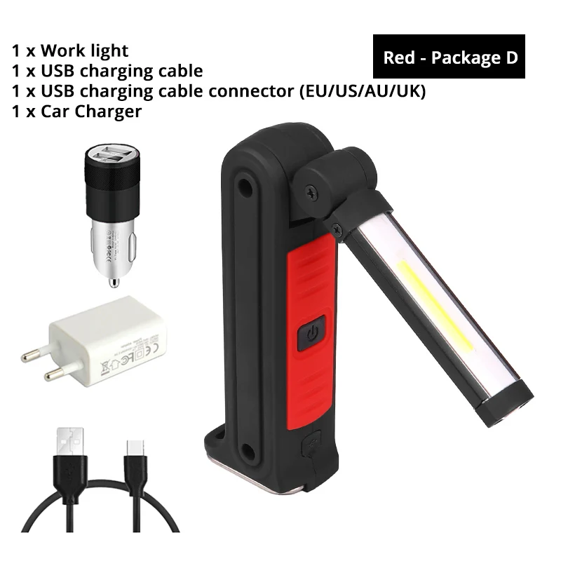 USB Перезаряжаемый COB Светодиодный фонарь светильник инспекционный свет 4 режима с магнитом на хвостовой части дизайн фонарик с подвеской лампа водонепроницаемый - Испускаемый цвет: Red - Package D