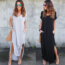 Tataria, женское повседневное Свободное длинное платье с карманами, женские длинные платья с коротким рукавом, женское платье-футболка, однотонное винтажное платье с v-образным вырезом