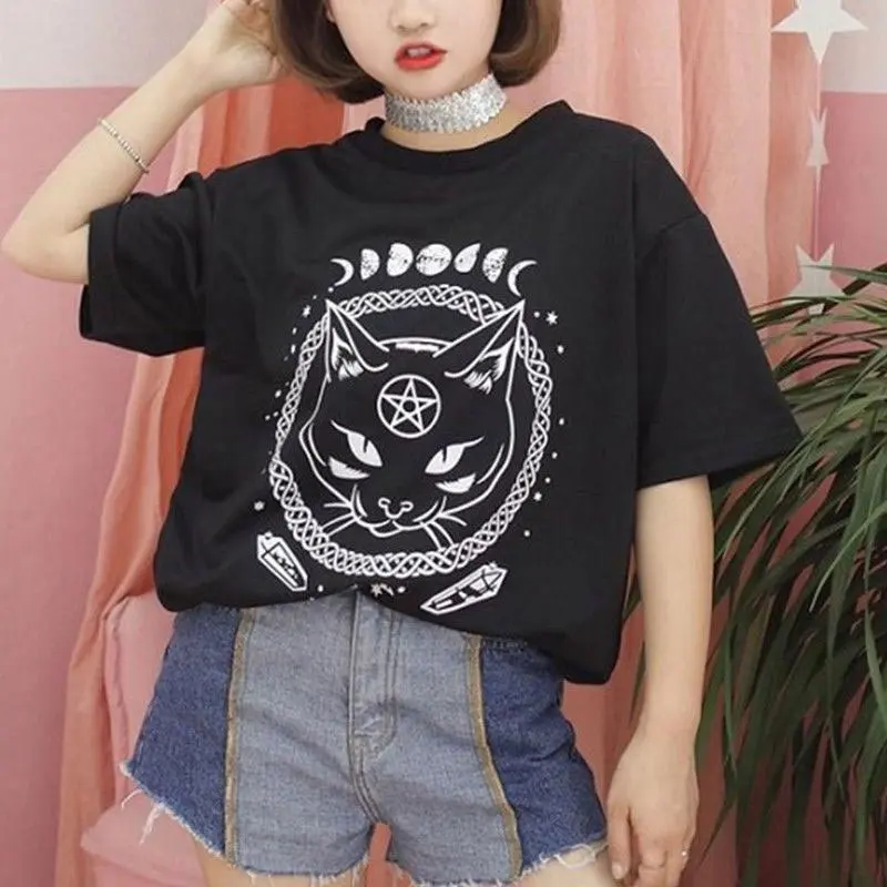 

Women T-shirt Solid Color Kitty Printed Loose Tops Plus Size JL