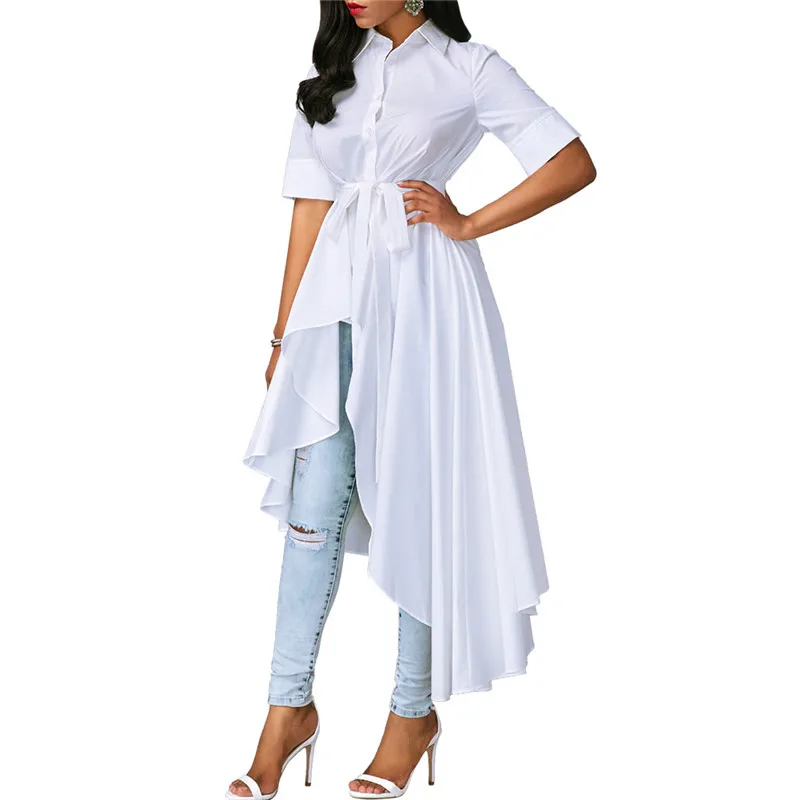 NEW White Asymmetrical Shirt Dress 2017 Autumn Turn Down Collar Half Sleeve Hi Low Maxi Dresses