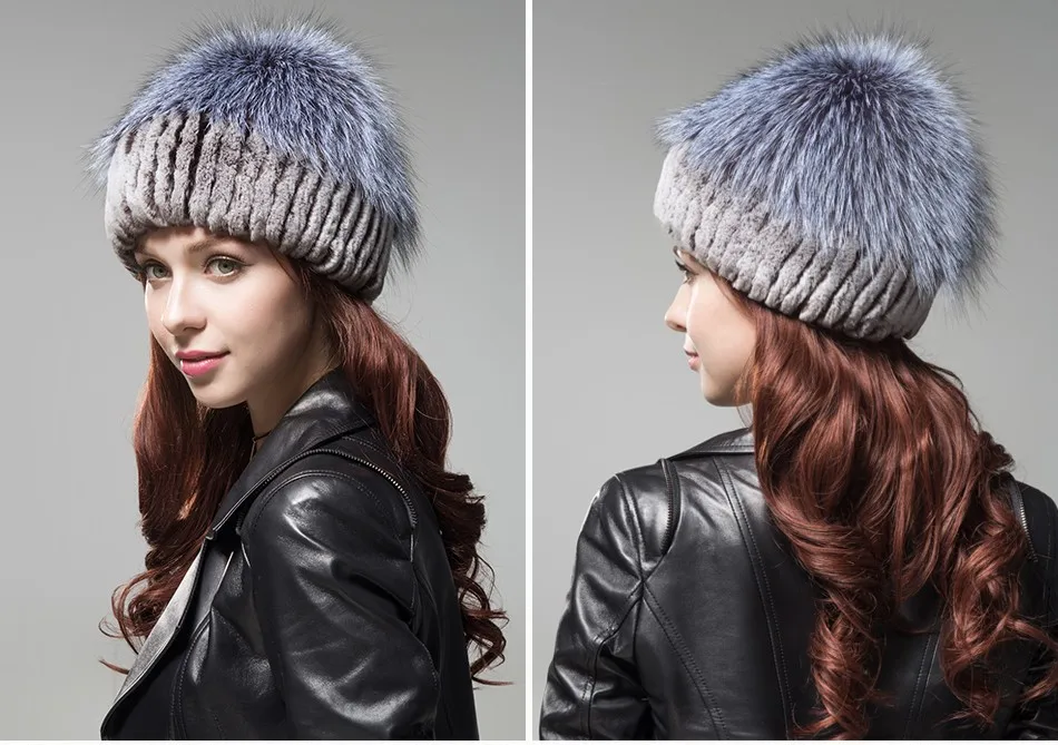 Fashion Womens Fur Beanies Real Rex Rabbit Fur Hats with Stripe Design Hat Ladies Winter Warm Rex Rabbit Fur Caps (16)