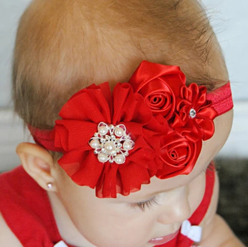

New Chiffon Rose Flower Headband With Diamond For Baby Girls Kids' Hair Accessories Baby Christmas Fashion Headband