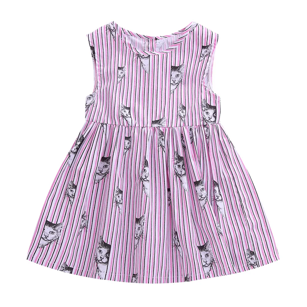 DapChild Girl Casual Dress Kids Summer Clothes Cat Printed Girl Stripes Dresses Child Beach A-line Dress Sleeveless Party Wear