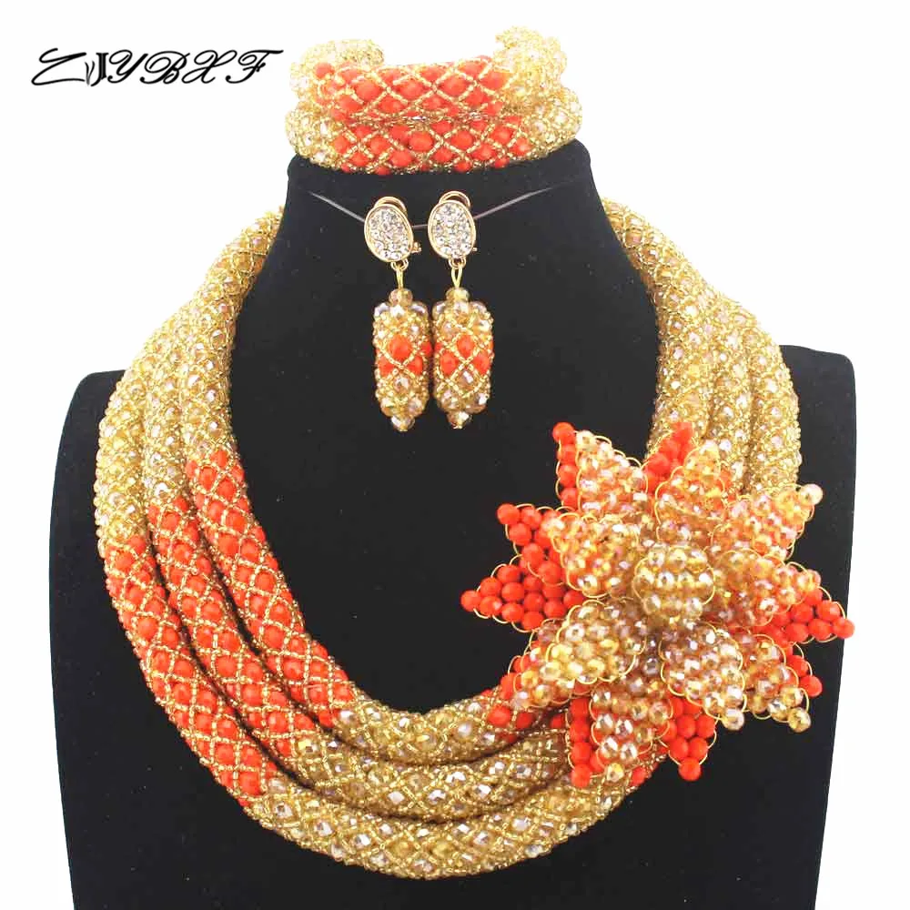 

African Wedding Beads Necklace Set Costume Nigerian Beads Champagne Orange Flower Crystal Jewelry Set Free Shipping HD8123