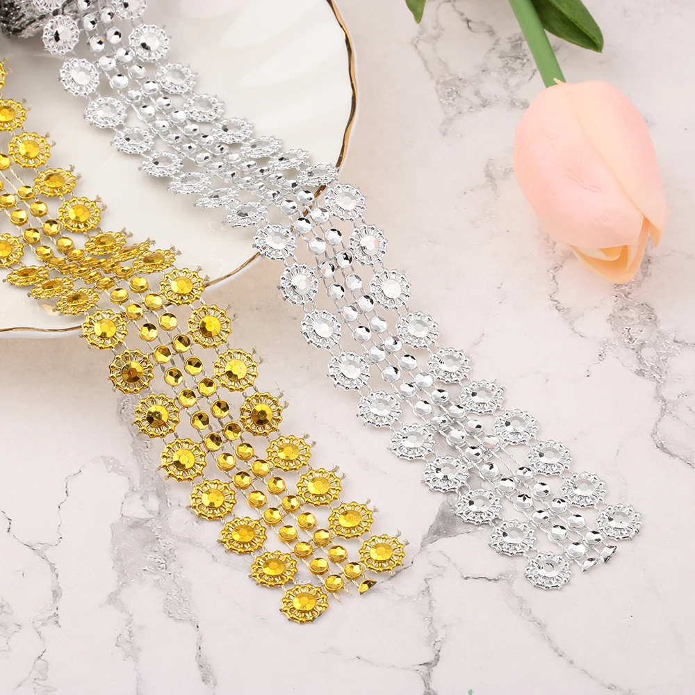 

1 yard Silver/Gold Sun Flower Hollow Mesh Roll Diamond Wedding Ribbon Tape Tulle Crystal Mesh Roll Party Decal