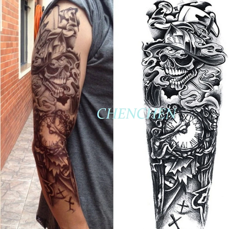 Temporary Tattoo Sticker full arm large size skull clock arm tattoo transfer flash tatoo fake sleeve for men|Temporary Tattoos| - AliExpress