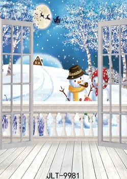 

Christmas Backdrop Window Snowman Moon Photo Background Wooden Floor 3d Vinyl Cloth Customize Backgrounds for Photo Studio