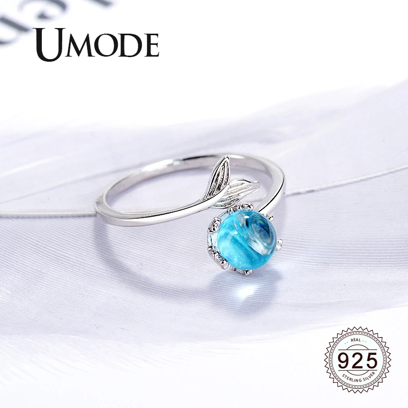 UMODE хвост русалки кольца из стерлингового серебра 925 для женщин девочек пена бисера Круглый камень открытые кольца 925 серебряные ювелирные изделия подарки LR0746