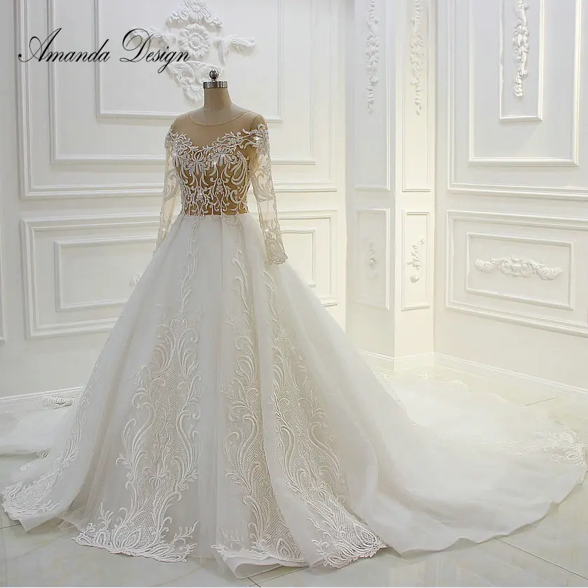 

Amanda Design Long Sleeve Lace Appliqued Illusion See Through Sexy Wedding Dresses