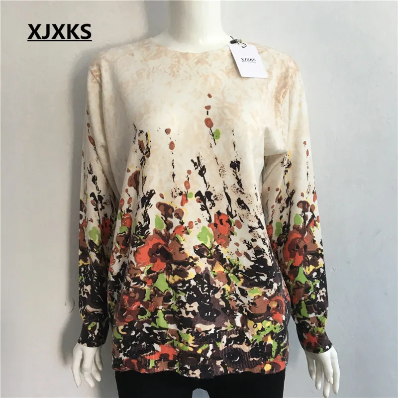 XJXKS, Свитер оверсайз, женский джемпер, модная одежда, длинный рукав, принт, о-образный вырез, пуловеры, вязаные женские свитера, пуловер - Цвет: Style 3