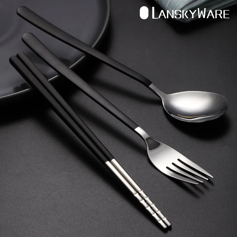 

LANSKYWARE Chinese 304 Stainless Steel Dinnerware Set Portable Skid-proof Tableware With Color Paint School Picnic Dinner Set