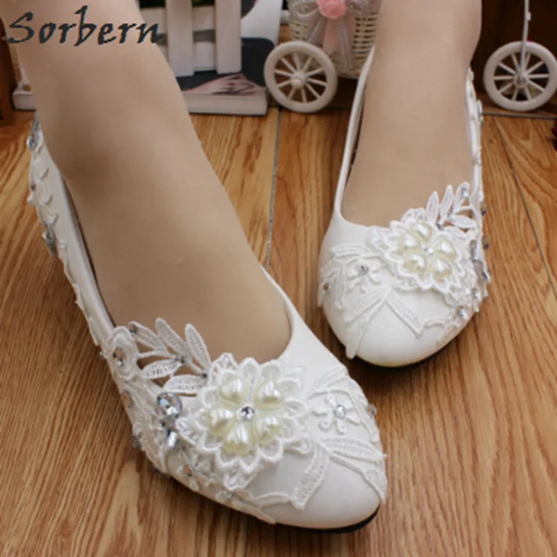 Sorbern Low Heeled Heart Crystal Lace Wedding Shoes Pump Ladies Slip