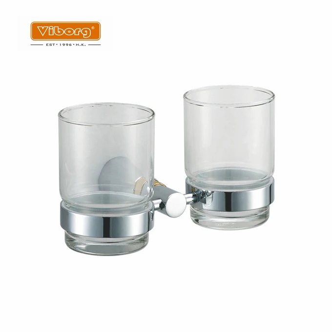 Viborg Luxury Brass Bathroom Wall Mounted Double Toothbrush Cup Holder with 2 Tempered Glass Toothbrush Cups, Chrome+24k Gold