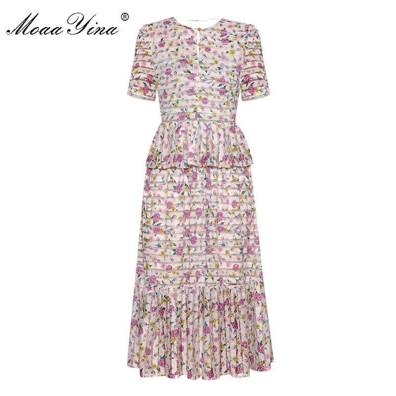

MoaaYina Fashion Designer Runway dress Spring Summer Women Dress Short sleeve Lace Floral-Print Slim Ruffles Elegant Dresses