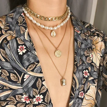 

KMVEXO 2019 New Fashion Gold Color Multilayer Chains Pearl Necklaces Geometric Crystal Pendants Necklaces For Women Bijoux