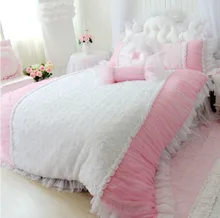 Quality luxury white lace rose flower quilt pink linen silk bedding set duvet cover bedskirt pillow case 4 feet bed bedding sets