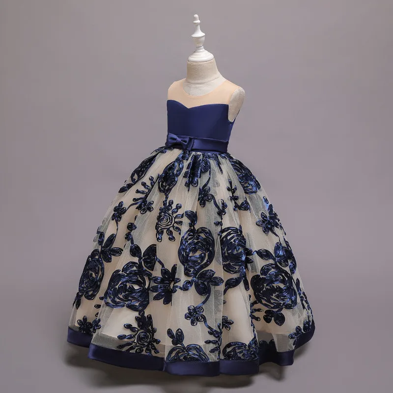 Детские праздничные платья с объемными цветами для девочек от 1 до 10 лет, вечерние платья для маленьких девочек свадебное платье принцессы без рукавов - Цвет: dark blue