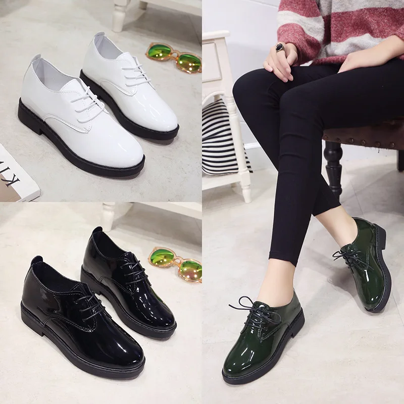 

British wind new cross-laced leather shoes spring Baitao flat heel lacquered women's shoes