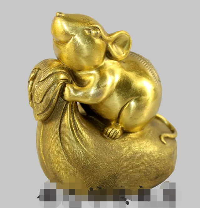

6" China Fengshui Bronze Zodiac Animal Mouse Gold bag Lucky Statue R0712 Discount 35%