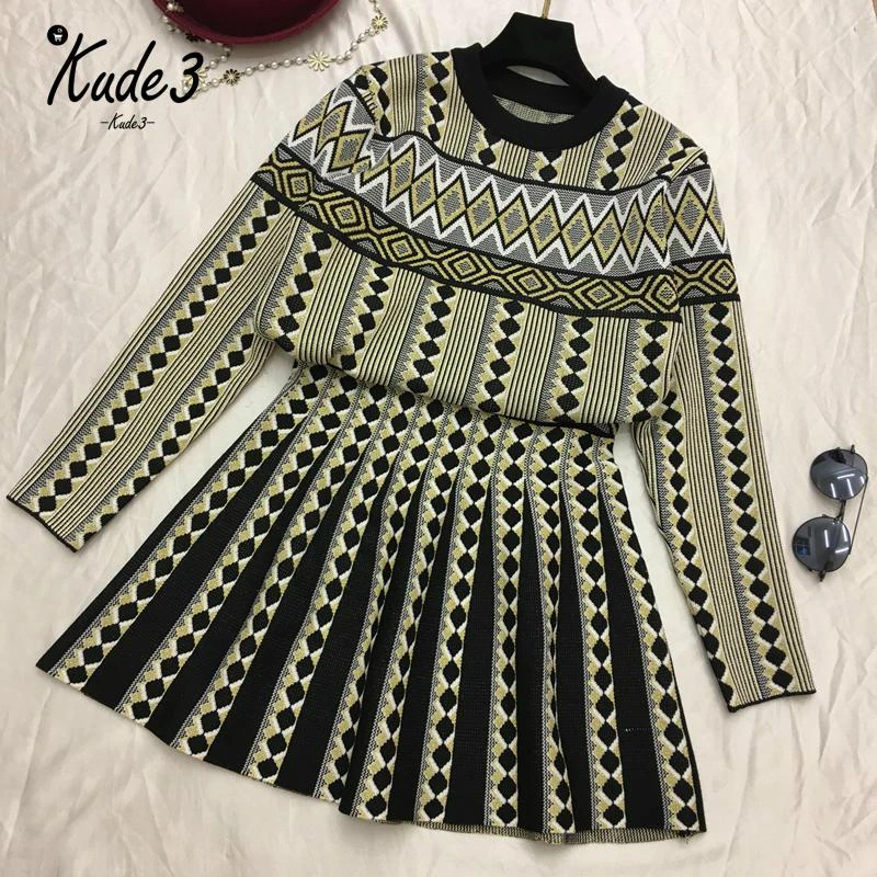 

Women Vintage Knit Sweater Skirts Sets Geometric Printed Female Woman Knitting Clothing Suits 3Colors New 8446
