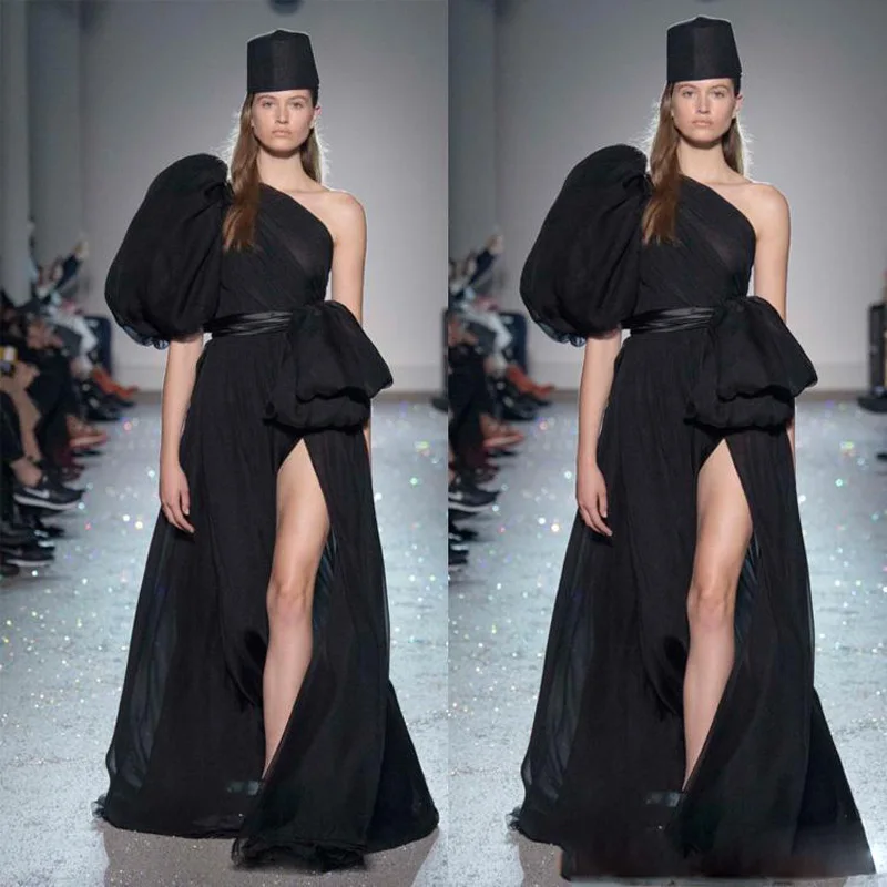 

Black One Shoulder Prom Gowns Dresses Sexy Side Split Unique Evening Formal Dress Puffy Ruffles Prom Party Dress robe de soiree