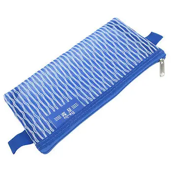 

School Nylon Meshy Zippered Pen Pencil Bag Holder Pouch Blue