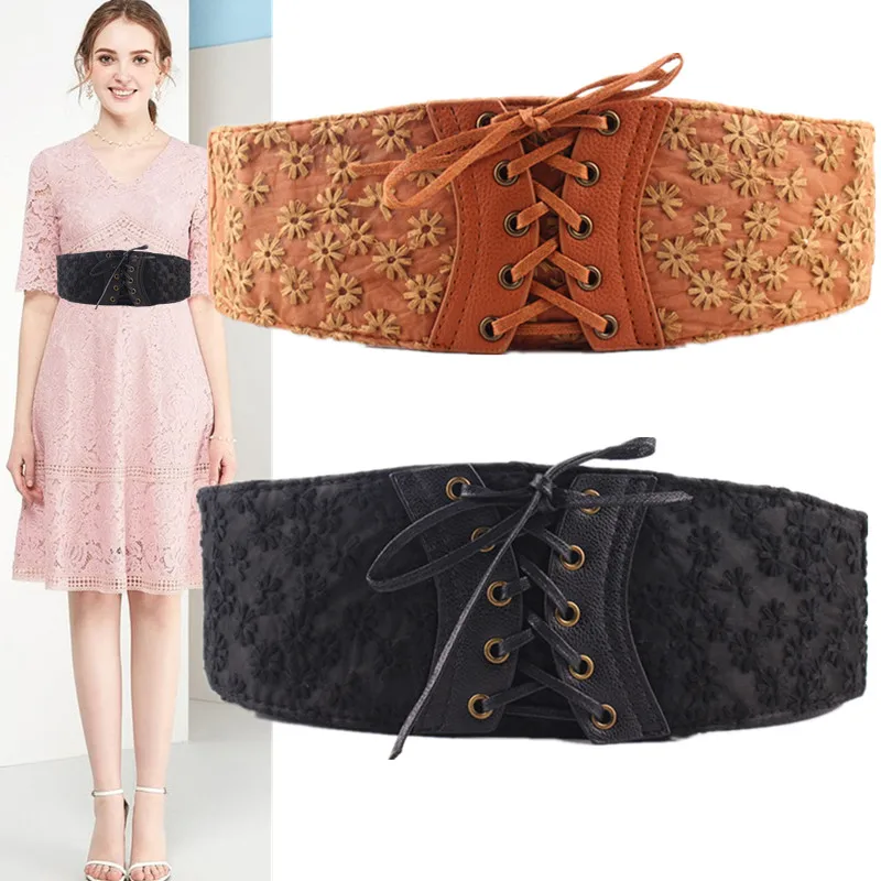 S Big size Lace PU Dress Belt For Women Vintage Bandage Ladies Waist