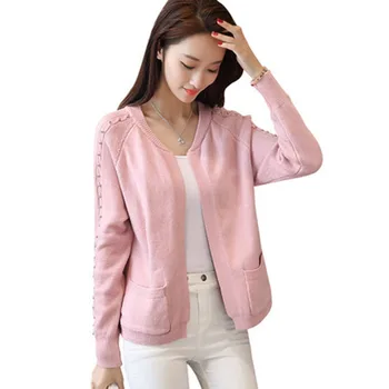 

Spring Autumn Beading Long Sleeve Knitted Sweater Cardigan 2018 Female O-Neck Short Open Stitch Lady Knitted Cardigan Tops F531
