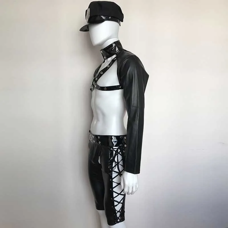 3 pcs Black Vinyl Leather Men's Costumes Sexy Police Cosplay Plus Size M-XXL Hot Erotic Halloween Police Uniforms Fancy Suits (6)