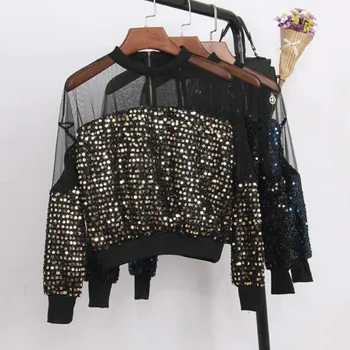 

Sexy Sequined Gauze Blouse Perspective Mesh Beading Shirts T-shirts Patchwork Long Sleeve Dance Stage Tees Crop Tops Blusas 2019