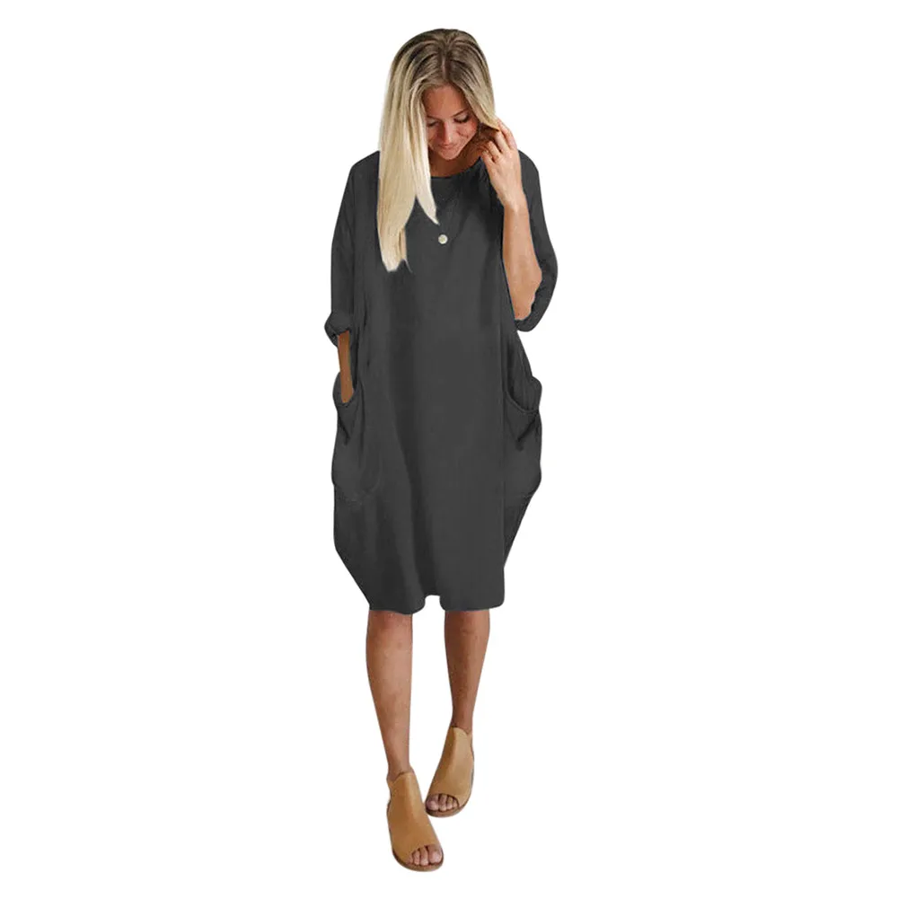

2019 Hot Sale Autumn Winter Womens Fashion Pocket Loose Dress Ladies Solid Crew Neck Casual Long Tops Dress Plus Size vestidos