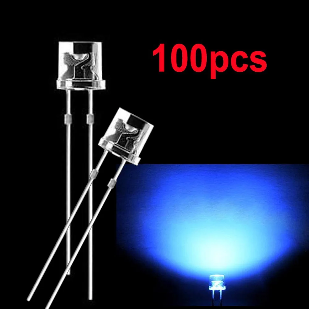 100pcs 5mm Blue 2Pins Flat top DIP LED Diodes Clear Super Bright Wide