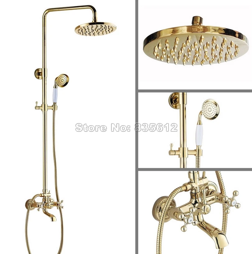 Gold Color Brass Wall Mounted Rain Shower Faucet Set W/ Bathroom Dual