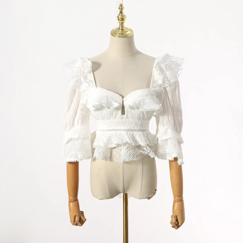  [LIVIVIO] Ruffle Lace Blouse Women White Shirt 2019 Autumn Sexy Ladies Square Neck Tops Puff Sleeve