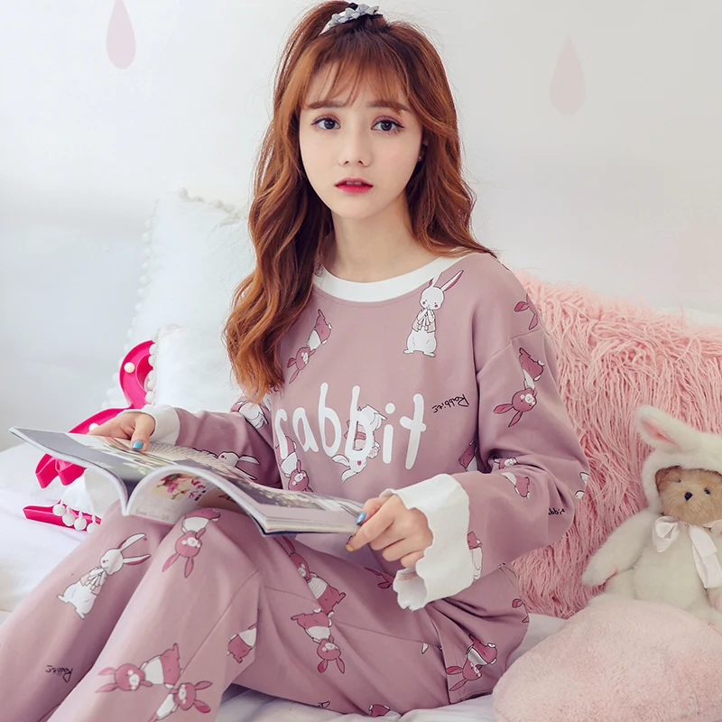 Хлопковые Пижамные комплекты с длинным рукавом, Ночная одежда с рисунком лисы, милая розовая пижама с круглым вырезом, женская пижама