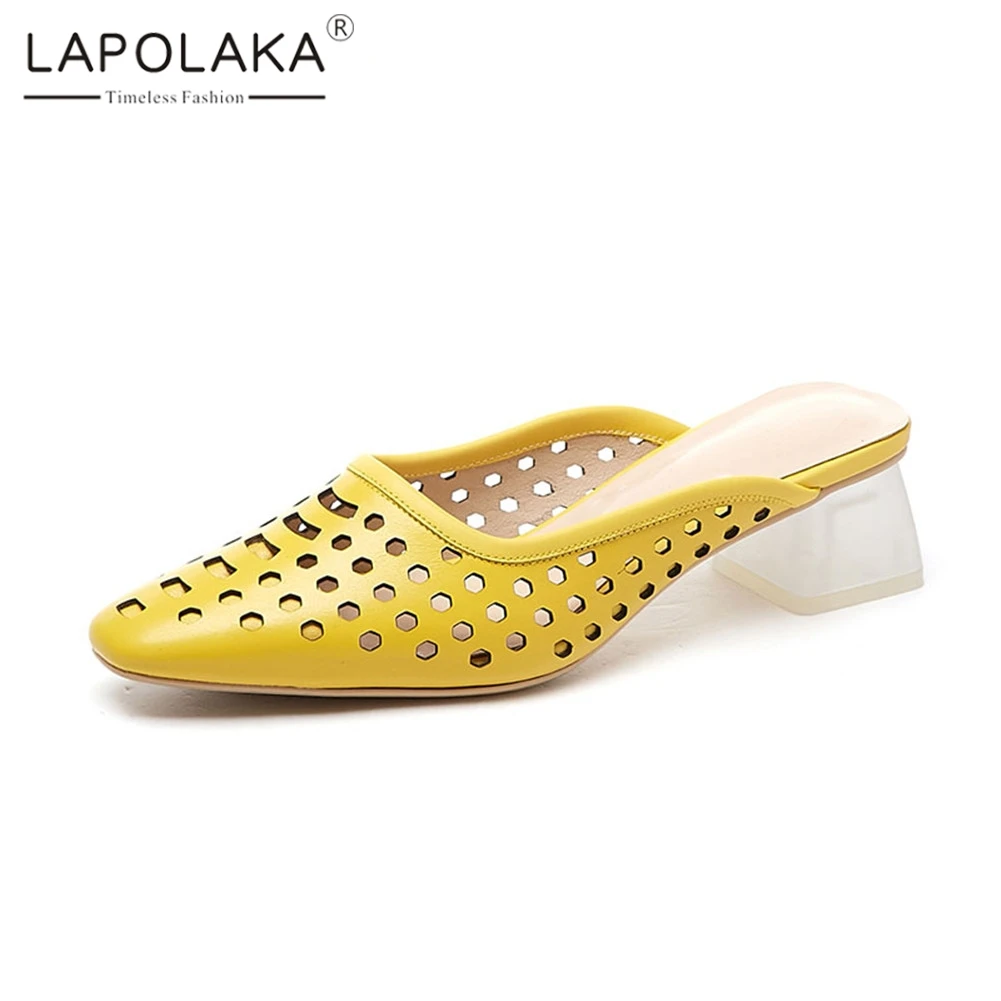 

Lapolaka Brand New Big Size 34-42 Ladies High Heels Hollow Genuine Leather Slippers Shoes Woman Causal Outside Summer Mules