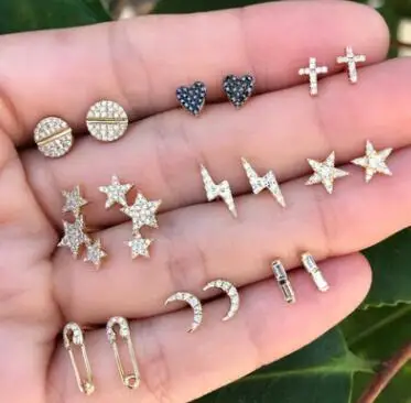 

9 Pairs/set Moon Stars Heart Lightning Bijoux Crystal Stud EarringS for Woman Boucle D'oreille Jewelry Dazzling Earring Brincos