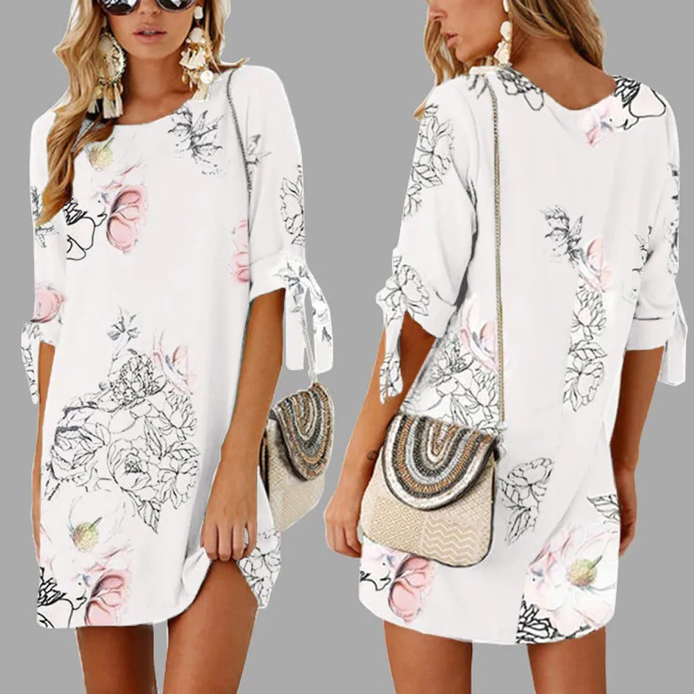 

Women Dress Summer Half Sleeve Bow Bandage Floral Striaght Casual Short Mini Dress