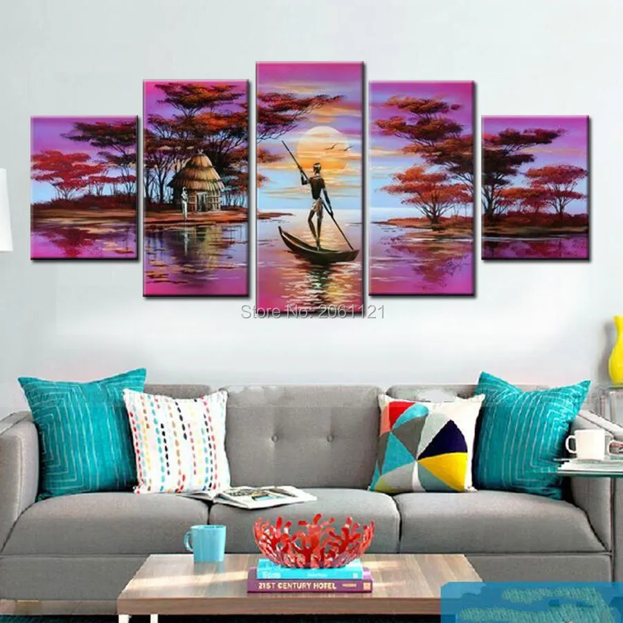 

5 Panel Wall Art purple Pink Oil Painting On Canvas river landscape Abstract Paintings Pictures home Decor