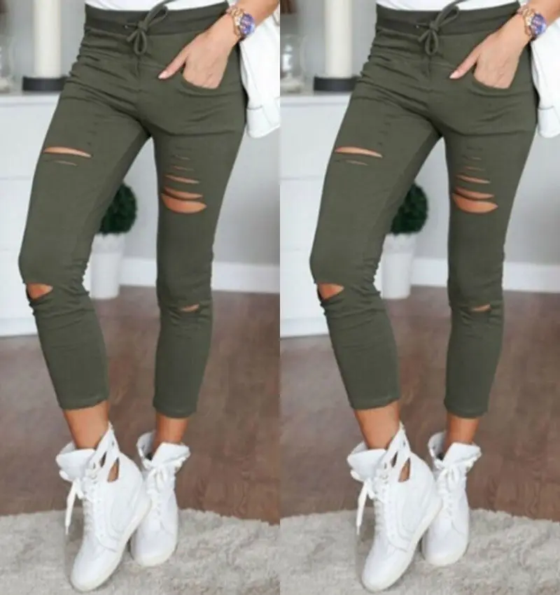 Новые обтягивающие джинсы женские измельченные брюки с высокой талией женские брюки женские леггинсы рваные спортивные брюки черные рваные джинсы - Цвет: Армейский зеленый
