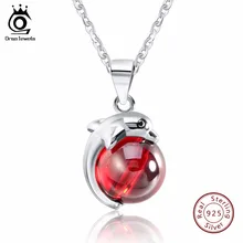 ORSA JEWELS Fashion 925 Sterling Silver Red Natrual Stone Dolphin Pendant Necklaces for Women Genuine Silver