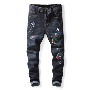 

2019 New Fashion jeans Men's Personality trend Embroidery Small Straight jeans Men's waist Dark blue Casual pants More Size 38